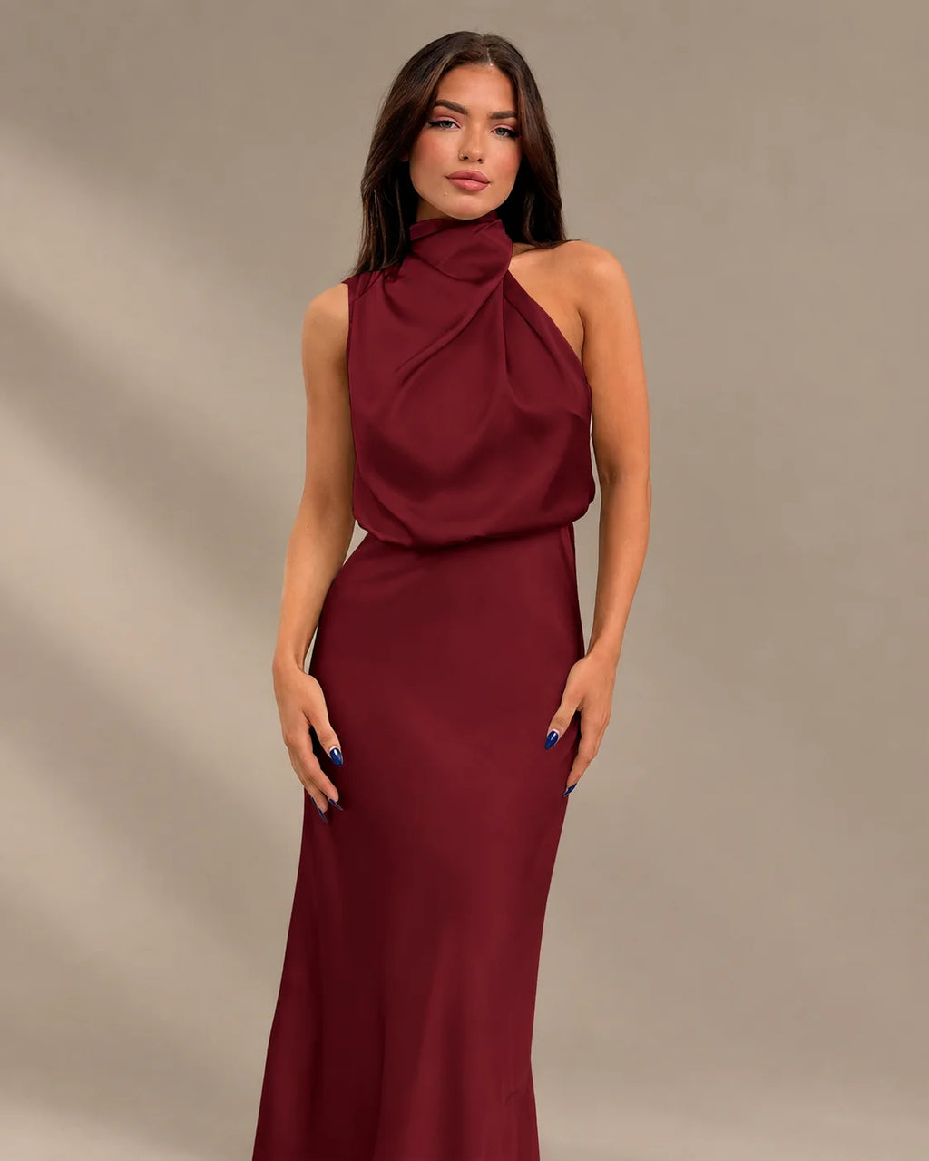 Halter Cowl Neck Draped Satin Midi Dress | Oyese