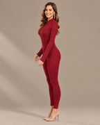 Ribbed Knit Zip-Front Long Sleeve Bodycon Jumpsuit | Oyese