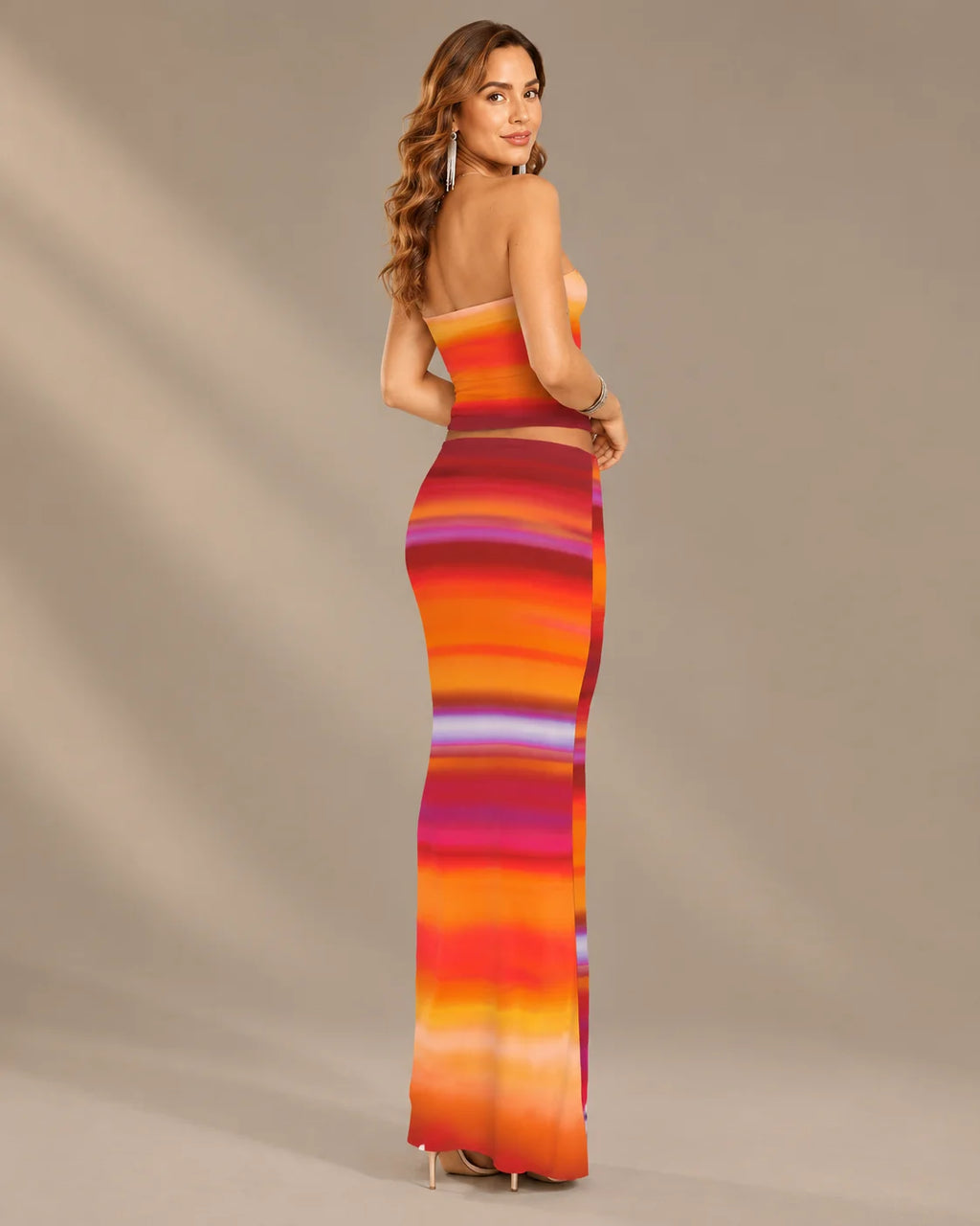 Watercolor Floral Strapless Top and Maxi Skirt Two Piece Set | Oyese