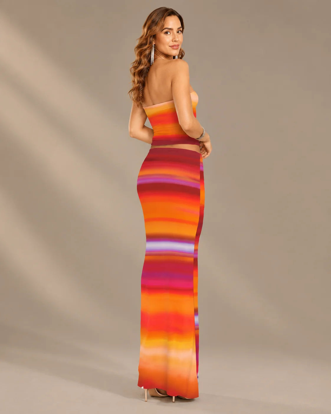 Watercolor Floral Strapless Top and Maxi Skirt Two Piece Set | Oyese