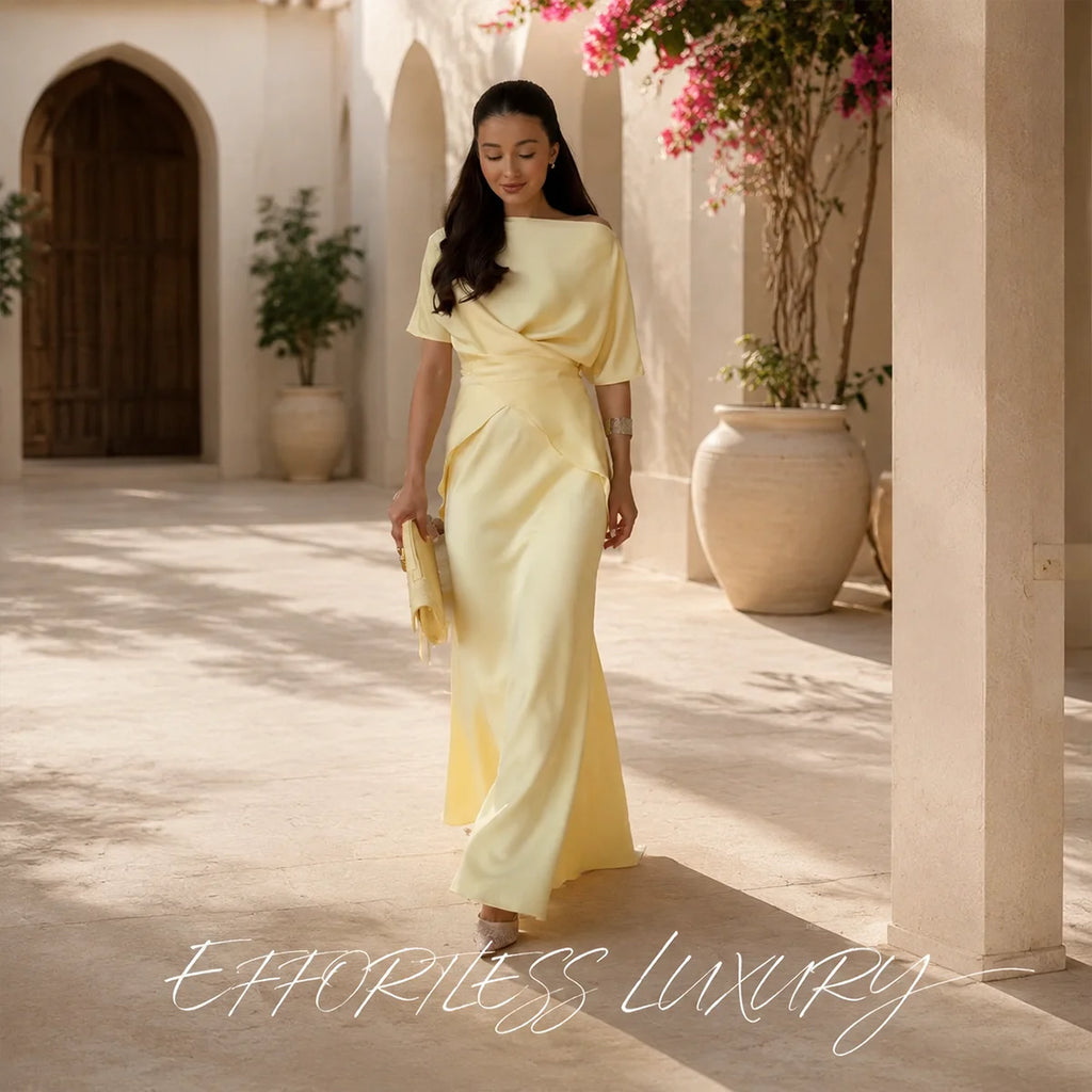 Lemon Satin Off-Shoulder Wrap Top & Maxi Skirt Set