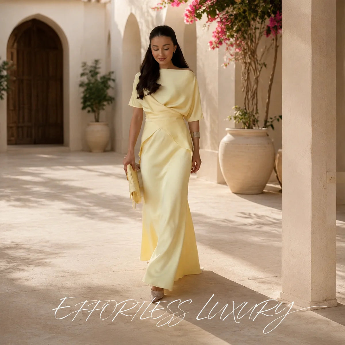 Lemon Satin Off-Shoulder Wrap Top & Maxi Skirt Set