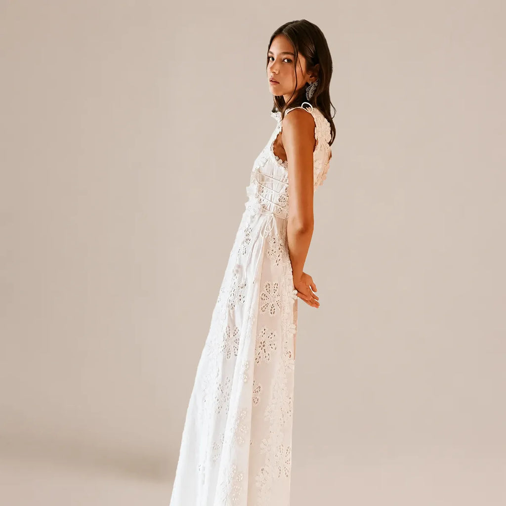 Elegant Crochet Eyelet White Maxi Dress
