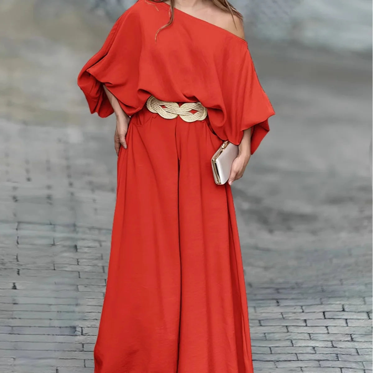 Satin Flow Off-Shoulder Two-Piece Set