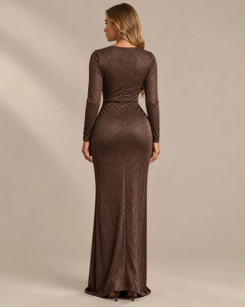 Shimmer Wrap V Neck Long Sleeve Maxi Dress – High Slit Evening Gown | Oyese