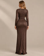 Shimmer Wrap V Neck Long Sleeve Maxi Dress – High Slit Evening Gown | Oyese