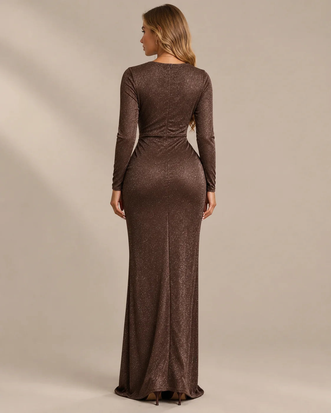 Shimmer Wrap V Neck Long Sleeve Maxi Dress – High Slit Evening Gown | Oyese