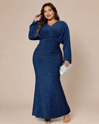 Plus Size V-Neck Glitter Mermaid Gown – Long Sleeve Sparkle Evening Dress | Oyese