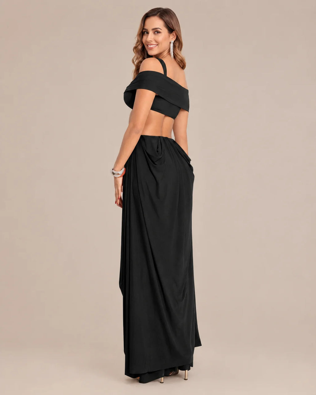 Off-Shoulder Cutout Mesh Draped Maxi Dress | Oyese