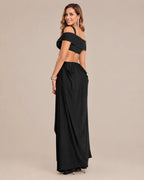 Off-Shoulder Cutout Mesh Draped Maxi Dress | Oyese