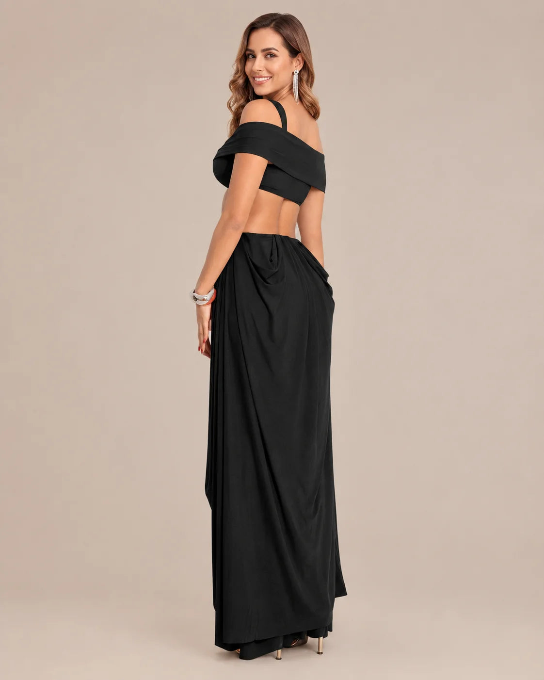 Off-Shoulder Cutout Mesh Draped Maxi Dress | Oyese