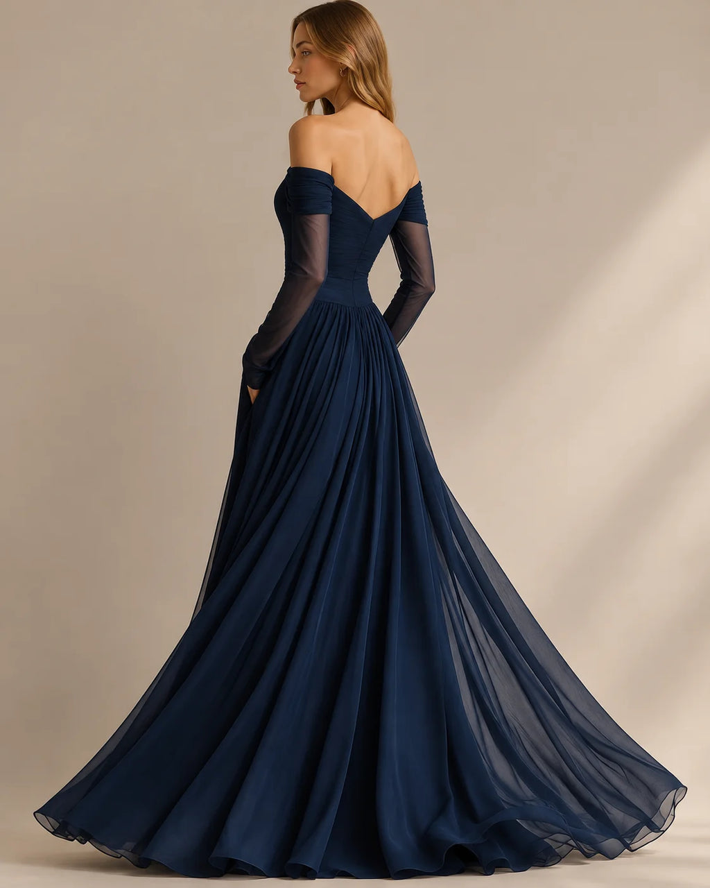 Off Shoulder Sweetheart Tulle Maxi Dress – Sheer Long Sleeve Formal Gown | Oyese