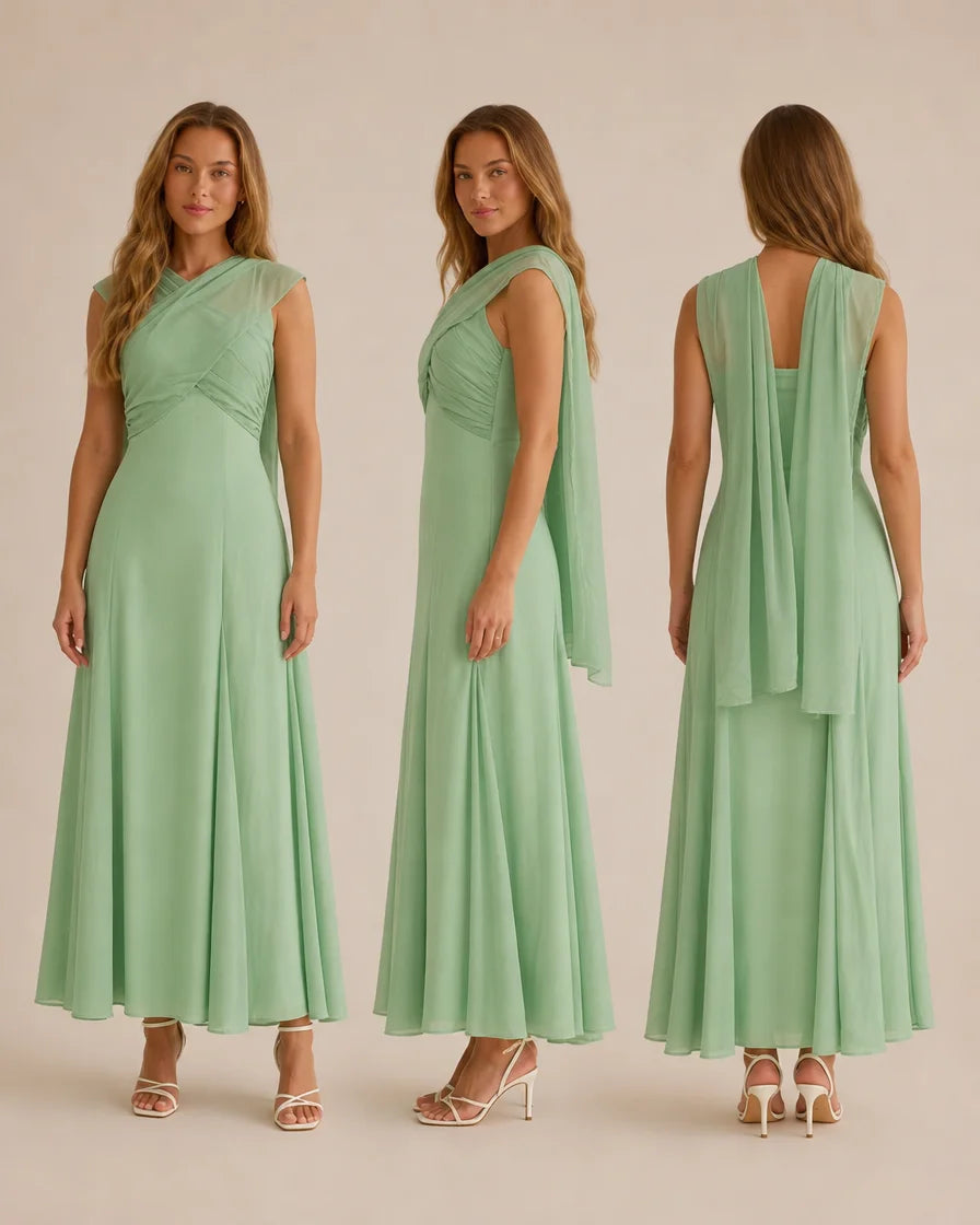 A woman modeling a sleeveless floor-length mint green dress shown from front, side, and back views against a plain warm beige studio background.