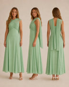 A woman modeling a sleeveless floor-length mint green dress shown from front, side, and back views against a plain warm beige studio background.