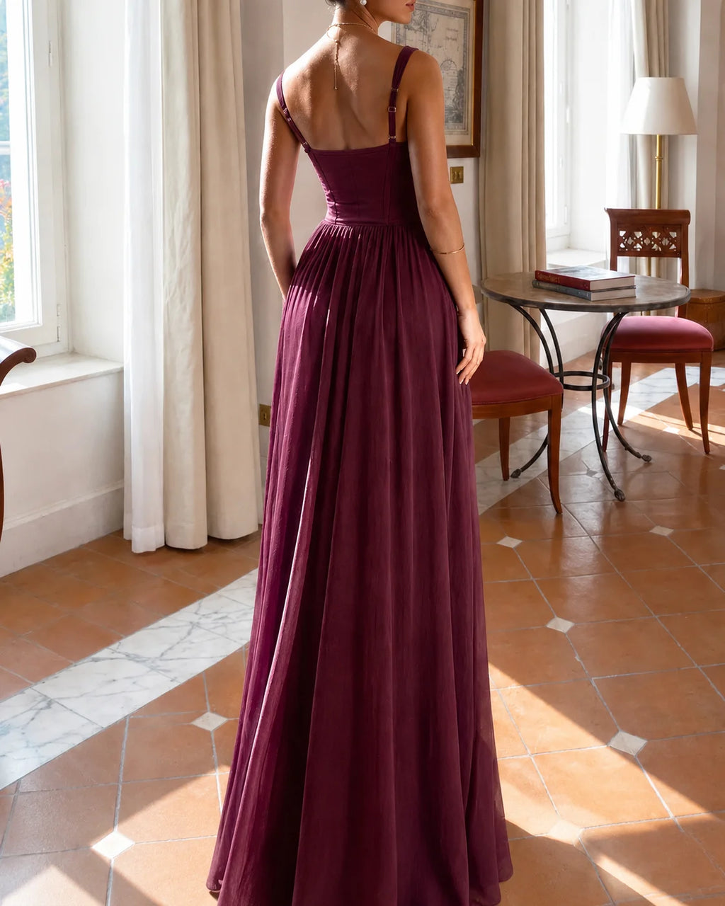 Sweetheart Boned Corset Bodice Gathered Chiffon Maxi Dress | Oyese