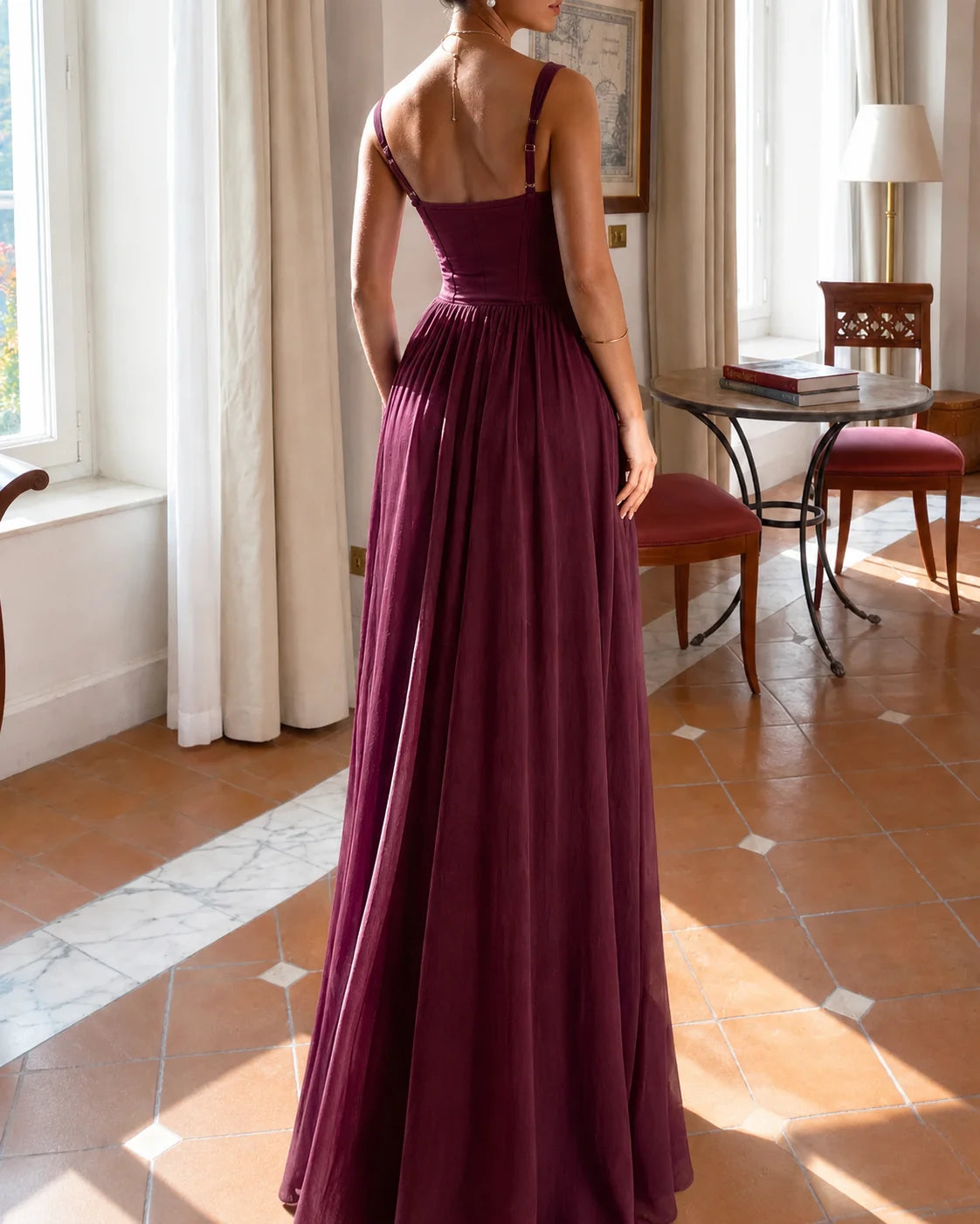 Sweetheart Boned Corset Bodice Gathered Chiffon Maxi Dress | Oyese