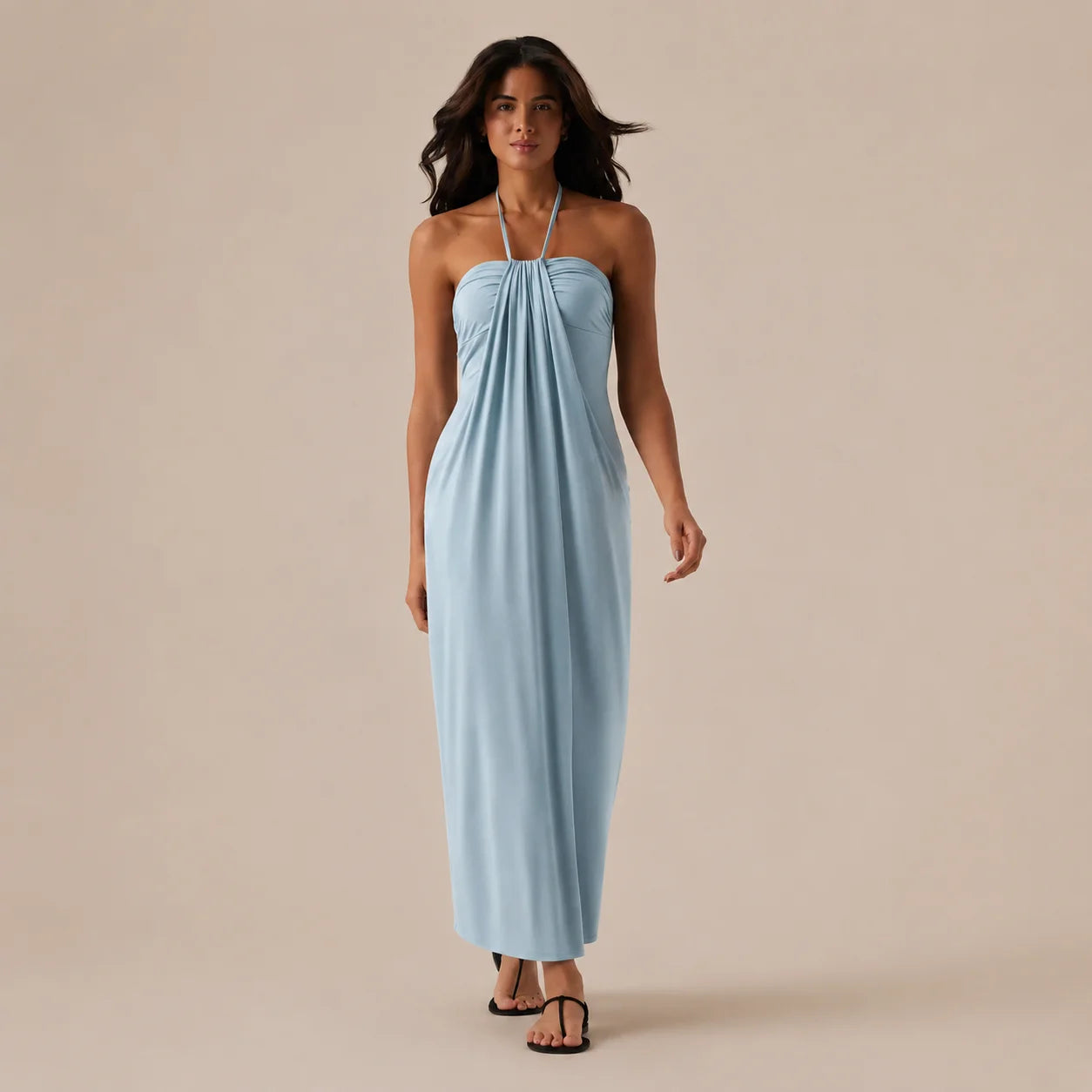 Halter Tie Gathered Maxi Dress with Pockets – Relaxed Summer Drape | Oyese