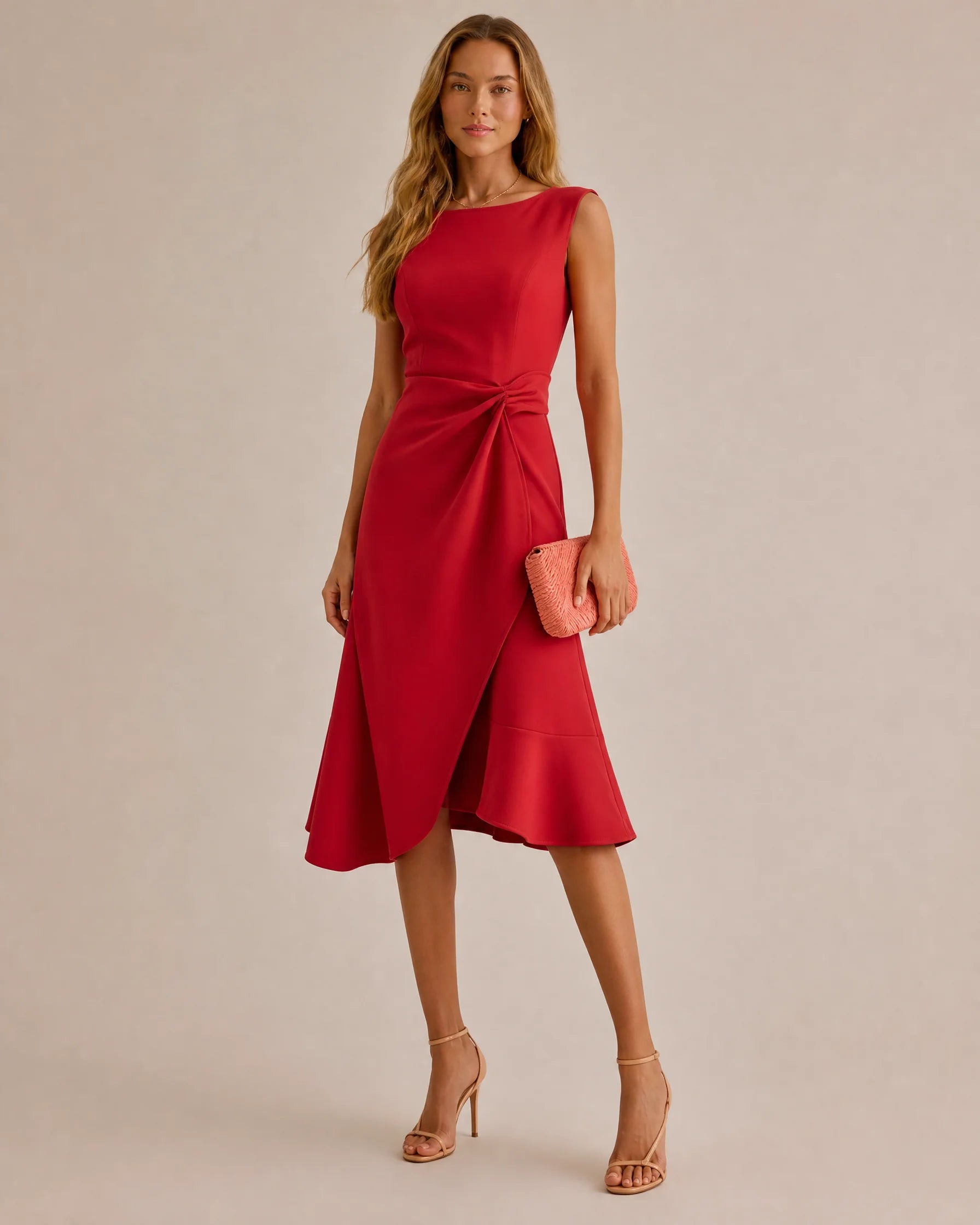 Twisted Knot Waist Midi Dress – Sleeveless Round Neck Office Dress | Oyese