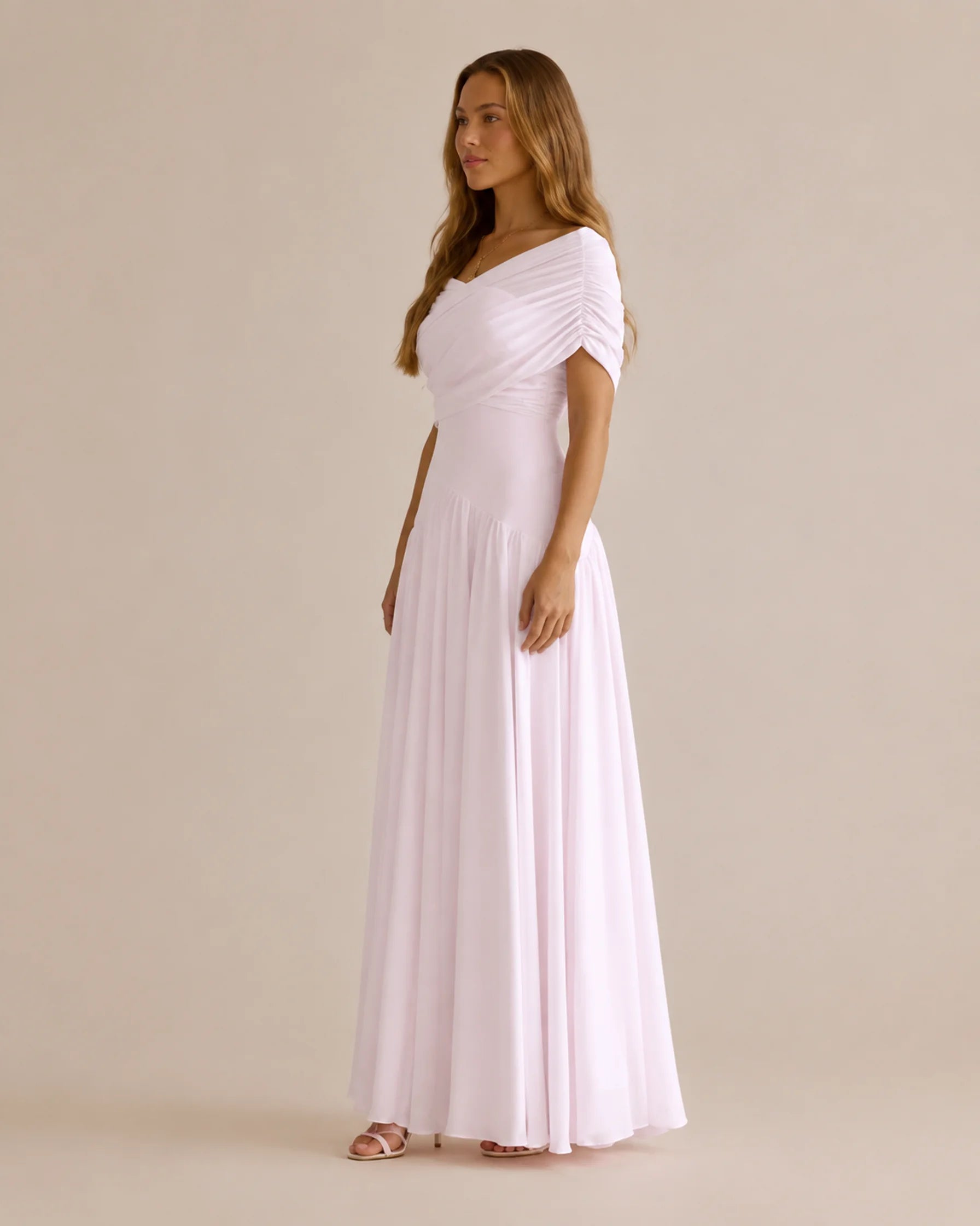 Off-Shoulder Cross Draped Pleated Maxi Dress – Grecian Formal Gown | Oyese
