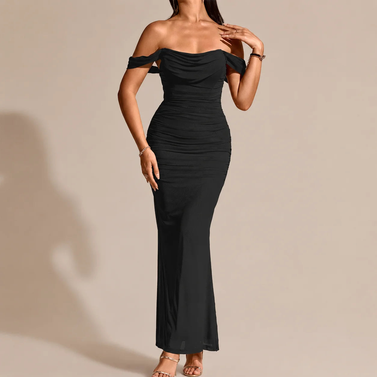 Off-Shoulder Ruched Mesh Bodycon Maxi Dress – Mermaid Evening Gown | Oyese
