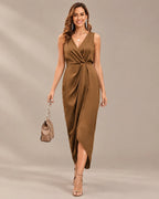 Women's Double-Faced Satin V-Neck Slit Maxi Dress | Oyese