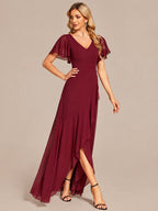 Double V-Neck Flutter Sleeve Flowy Slit Maxi Gown | Oyese