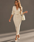 Ribbed Knit Button-Front Sweater Dress + Free Belt | Oyese