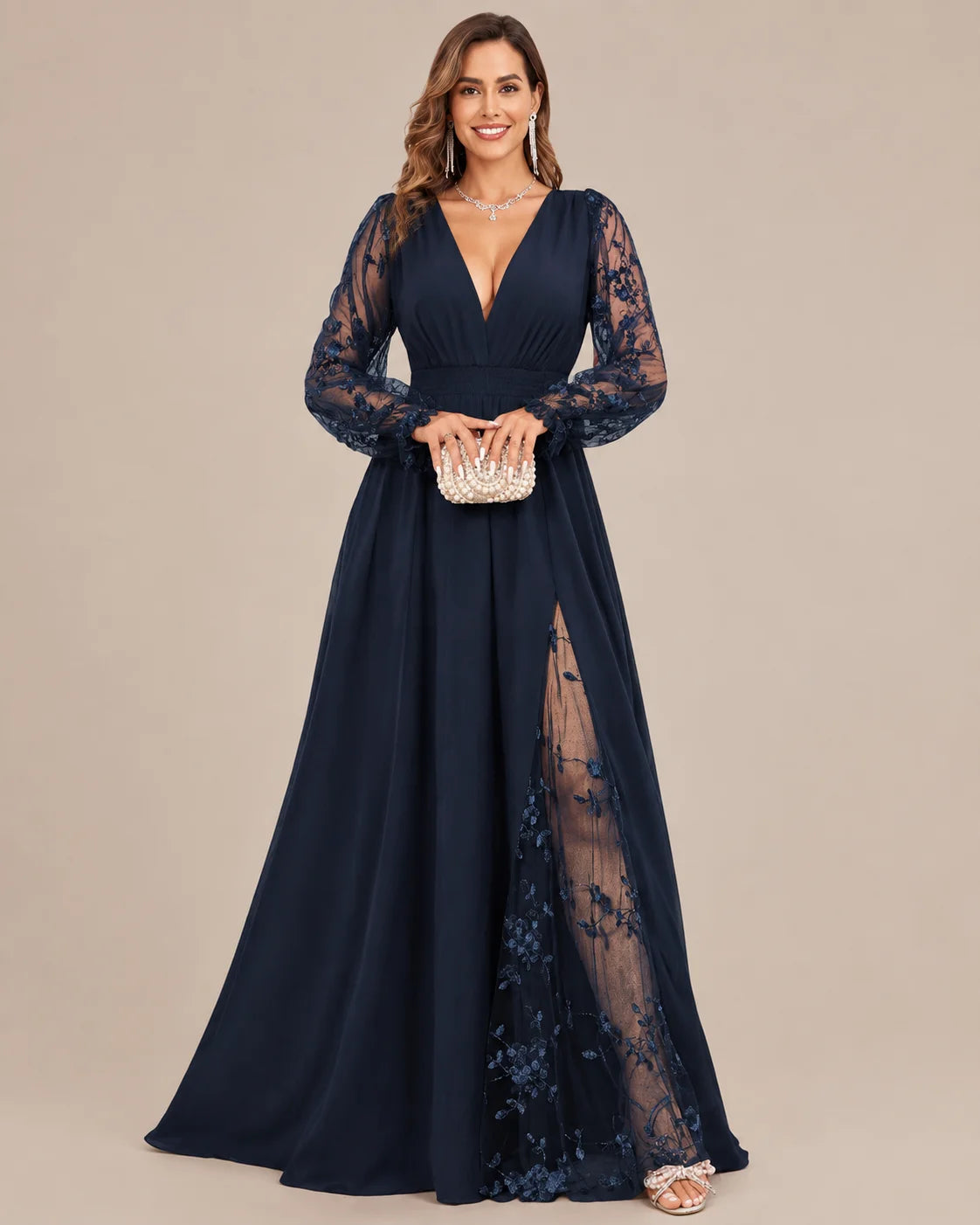 Plus Size Deep V Lace Sleeve Slit Maxi Gown | Oyese