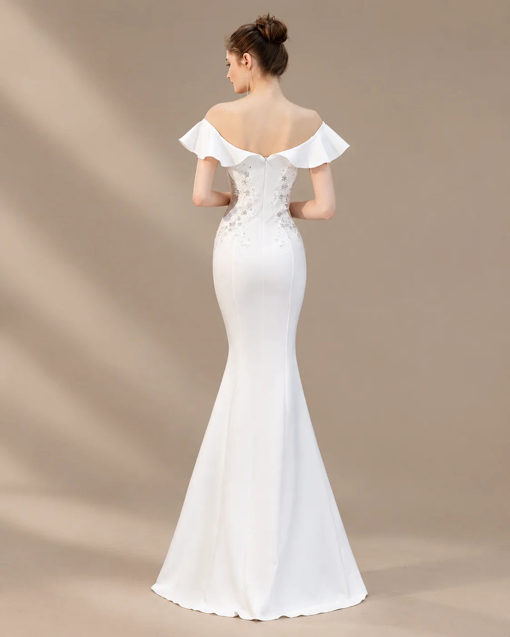 Off-Shoulder Ruffle Sleeve Beaded Mermaid Evening Gown | Oyese