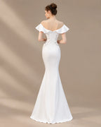 Off-Shoulder Ruffle Sleeve Beaded Mermaid Evening Gown | Oyese