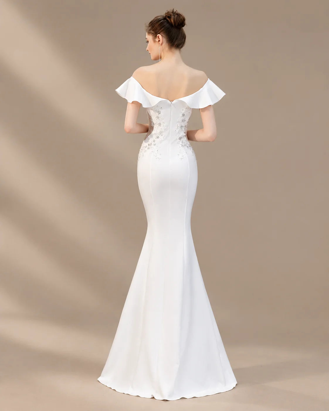 Off-Shoulder Ruffle Sleeve Beaded Mermaid Evening Gown | Oyese
