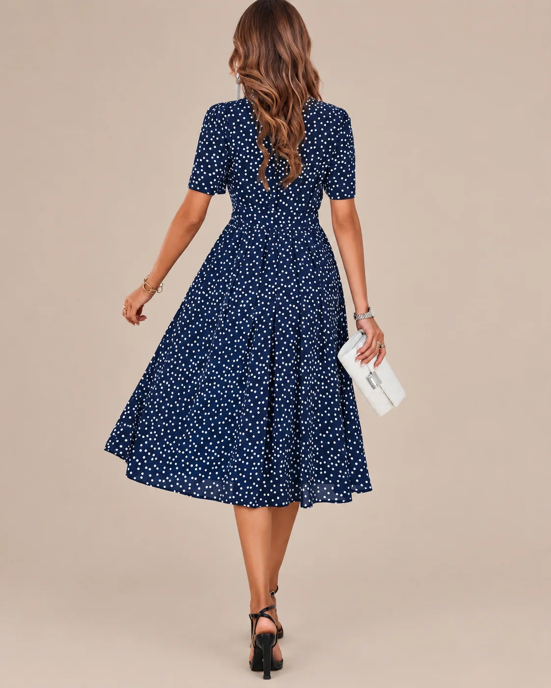 Polka Dot Tie Waist Fit-and-Flare Midi Dress | Oyese