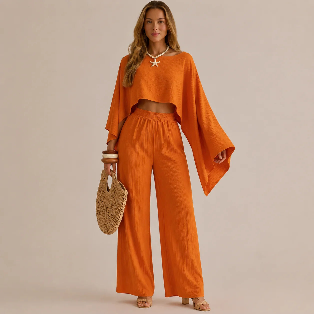 Off-Shoulder Cape Top & Wide Leg Pants Set – Beach Vacation 2-Piece | Oyese