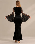 Gothic Velvet Lace Bell Sleeve Mermaid Maxi Dress – Fitted Waist Halloween Gown | Oyese