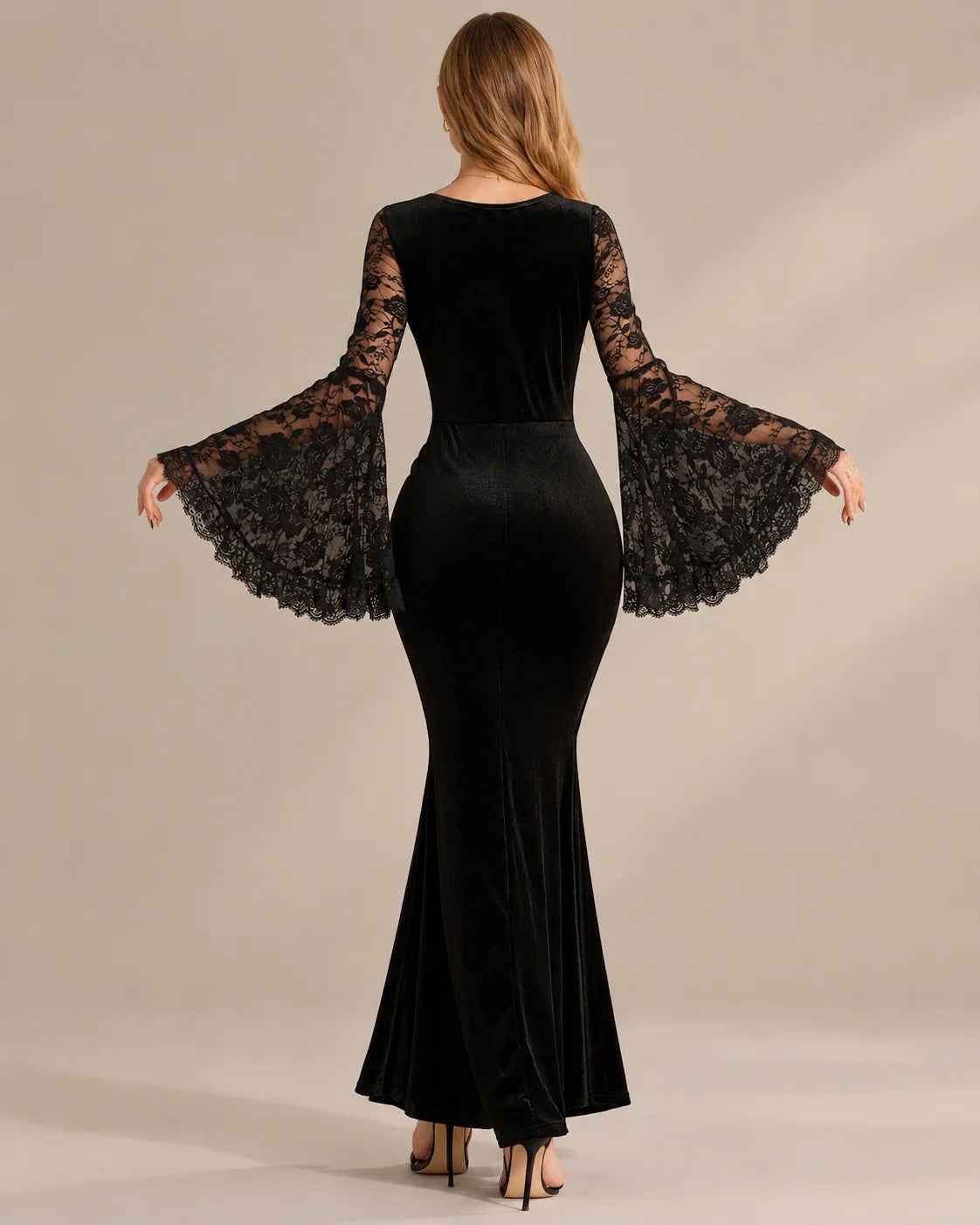 Gothic Velvet Lace Bell Sleeve Mermaid Maxi Dress – Fitted Waist Halloween Gown | Oyese