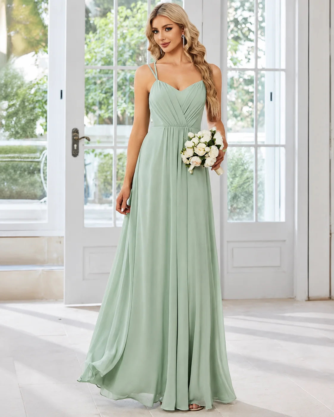 V-Neck Open Back Pleated A-Line Bridesmaid Gown | Oyese