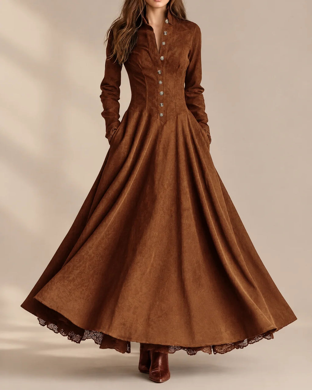 Faux Suede Button Front Maxi Dress – Long Sleeve Vintage Shirt Dress | Oyese