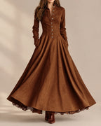 Faux Suede Button Front Maxi Dress – Long Sleeve Vintage Shirt Dress | Oyese