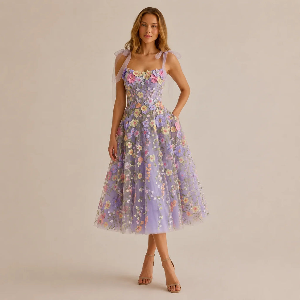 3D Floral Embroidered Tulle Mini Dress – Bow Strap Sweetheart Party Dress | Oyese