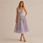 3D Floral Embroidered Tulle Mini Dress – Bow Strap Sweetheart Party Dress | Oyese