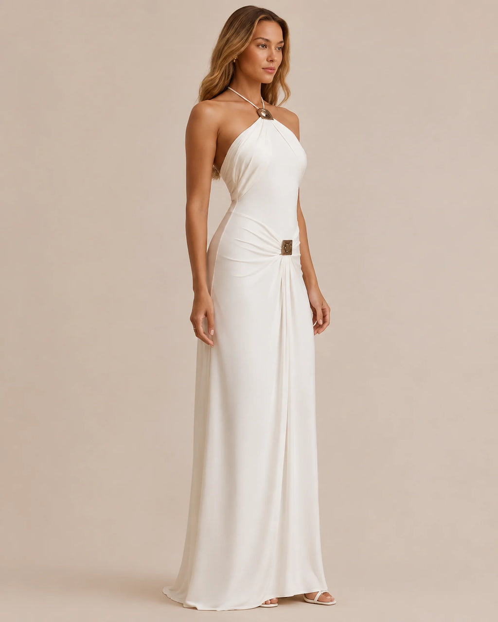 Halter Neck Draped Gold Hardware Maxi Dress – Minimalist Bodycon Gown | Oyese
