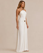 Halter Neck Draped Gold Hardware Maxi Dress – Minimalist Bodycon Gown | Oyese
