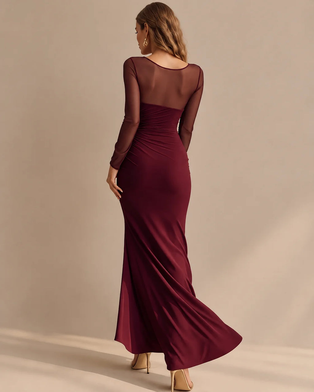 Illusion Neckline Sheer Sleeve Side Ruched Maxi Dress with Slit | Oyese