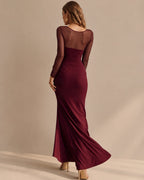 Illusion Neckline Sheer Sleeve Side Ruched Maxi Dress with Slit | Oyese