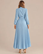 Ruffled Mock Neck Belted Pleated Midi Dress | Oyese
