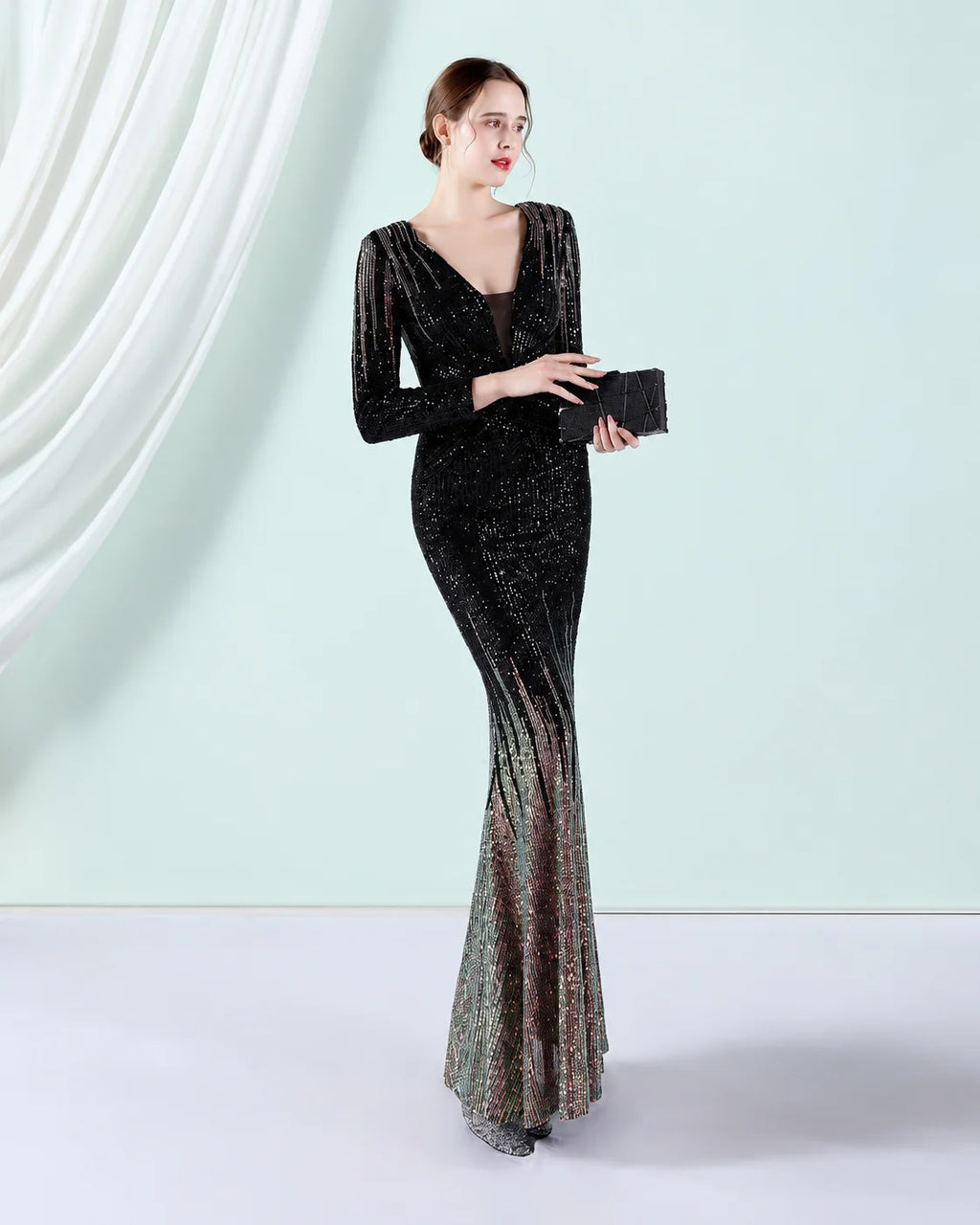 Deep V Long Sleeve Ombre Sequin Mermaid Evening Gown | Oyese