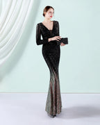 Deep V Long Sleeve Ombre Sequin Mermaid Evening Gown | Oyese