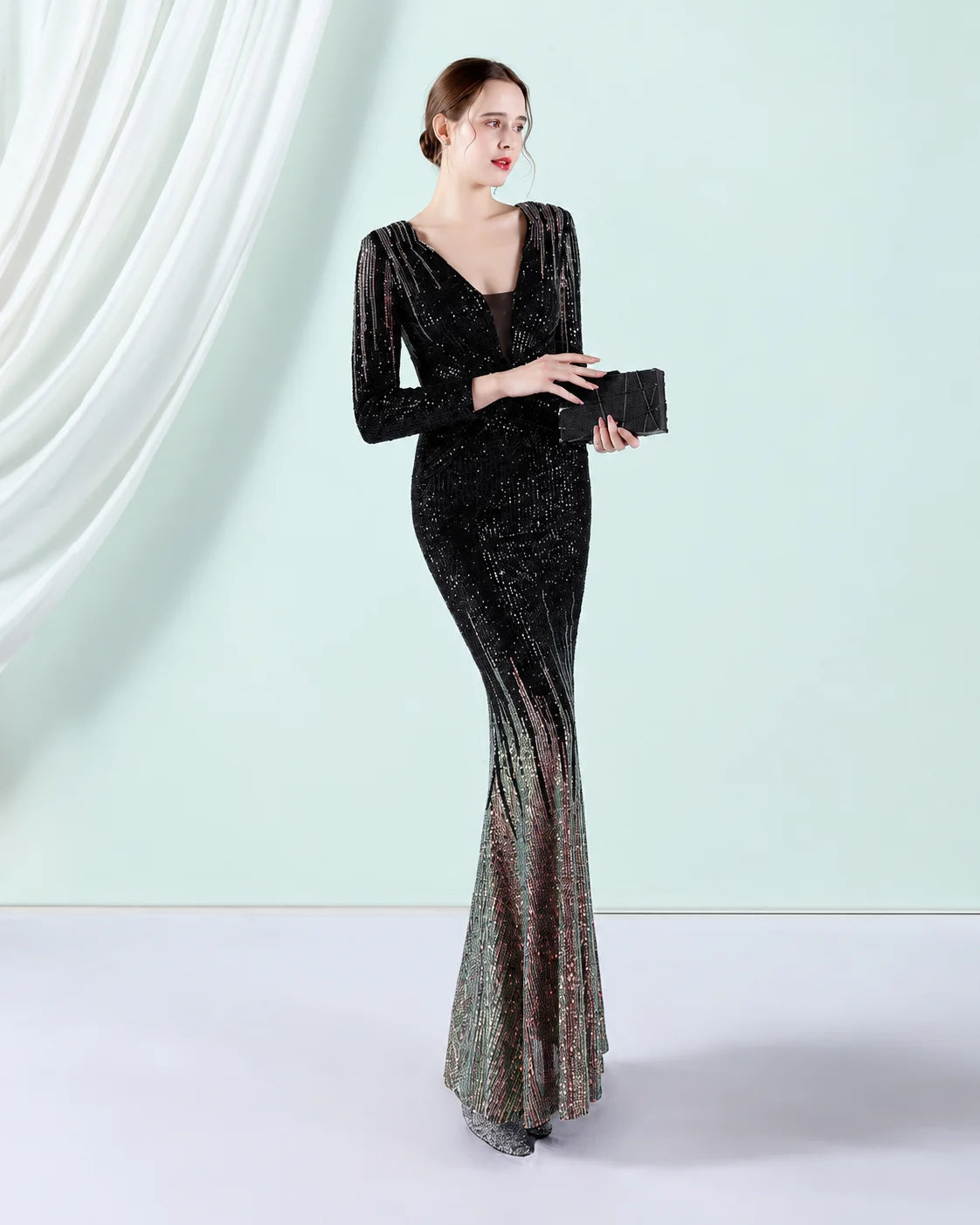 Deep V Long Sleeve Ombre Sequin Mermaid Evening Gown | Oyese