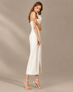 One Shoulder Bow Satin Gown – Fitted Slit Formal Evening Dress | Oyese