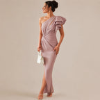 One Shoulder Ruffle Sleeve Cutout Maxi Dress – High Slit Formal Gown | Oyese